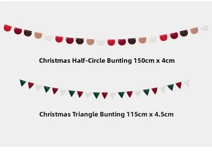 Detalle de banderines navideños de fieltro de lana en diseños semicirculares y triangulares