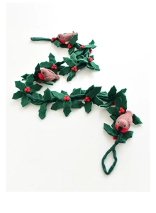 Detailed wool felt Christmas garland with red robins, holly leaves, and berries for decor