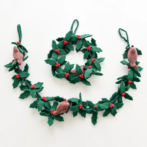 Christmas wool felt wreath and garland set with holly leaves, red berries and robin bird