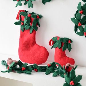 Christmas wool felt stockings with robin and red berry decor for holiday tree hanging