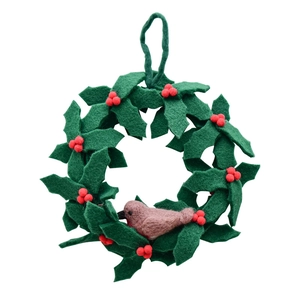 Christmas wool felt wreath with green leaves, red berries, and robin bird hanging decor