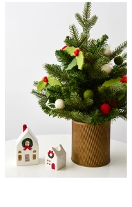 Christmas decoration set featuring a miniature felt berry tree and white ceramic houses
