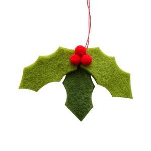 Handmade wool felt Christmas holly leaf hanging ornament with red berries for tree decor