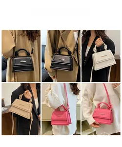 Collage of mini PU leather square bags in black white beige and pink with knot handle
