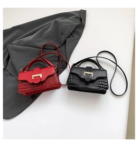 Detail of stone textured leather small square bags with golden buckles and shoulder straps