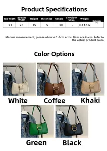 Detailed size specifications and five color variants of the faux leather hobo bag