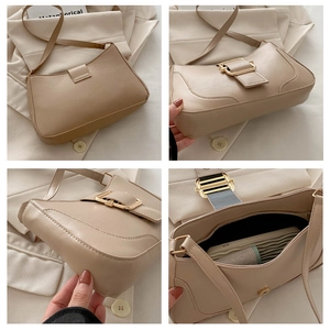 Detailed four-view composite of a beige matte faux leather baguette shoulder bag