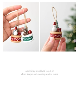 Detailed view of handmade wooden Christmas ornaments with snowman and bear motifs