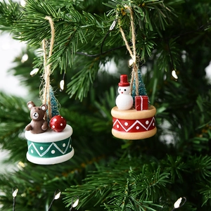 Miniature resin Christmas tree hanging ornaments featuring snowman and bear on festive drums
