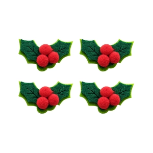 Set of four felt Christmas holly leaf ornaments with red berries for tree decoration
