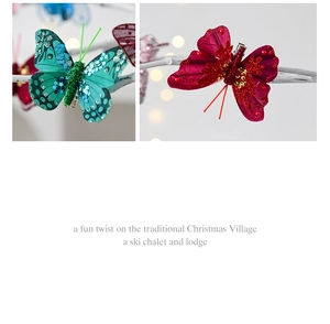 Detailed view of teal and red glitter butterfly clips with beads for Christmas tree decor