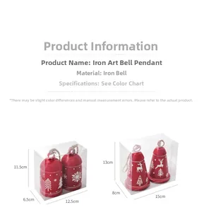 Detailed view of red iron Christmas bells with white reindeer and snowflake motifs