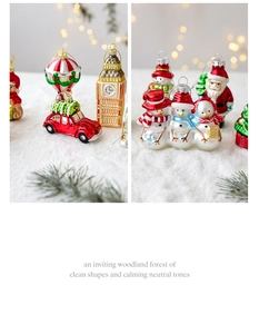 Detailed close-up of hand-painted glass Christmas ornaments with festive snowman and icons