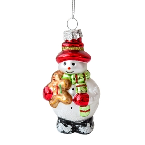 Creative glass snowman Christmas ornament with red hat and gingerbread man on white background