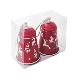 Set of two red Christmas iron bells with deer patterns and hemp rope in clear box