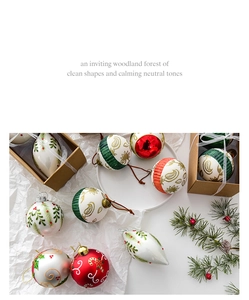 Detailed view of festive glass Christmas ornaments in various shapes with glitter patterns