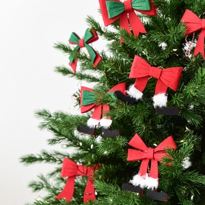 Christmas bow ornaments with Santa legs for tree decoration, set of red and green felt bows