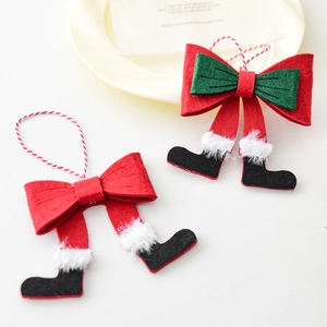 Christmas bow hangers featuring Santa Claus leg design with fuzzy trim for tree decor