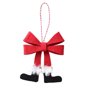 Christmas bow ornament with hanging Santa legs and black boots for tree decoration