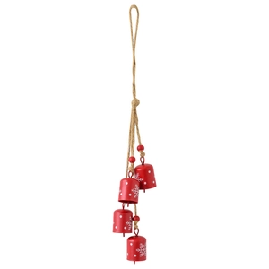 Red Christmas iron bells with white snowflake patterns on natural twine rope hanger