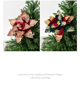 Comparaison détaillée de fleurs de poinsettia de Noël en velours rouge et paillettes bronze