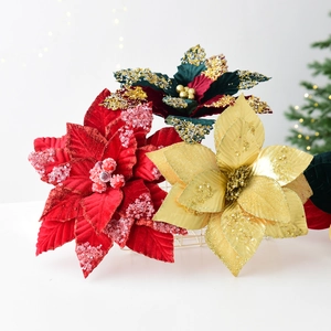 Fleurs de Poinsettia de Noël Artificielles en Velours à Paillettes Tiges Florales pour Sapin de Noël Fête Mariage Maison Décoration