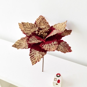 Fleur de Noël en velours rouge foncé avec paillettes dorées pour décoration de sapin