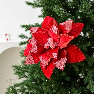 Fleur de poinsettia en velours rouge pour sapin de Noël avec paillettes et perles