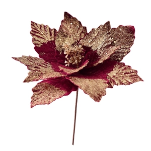 Poinsettia en velours rouge foncé avec bords dorés pour décoration de sapin de Noël