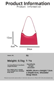 Detailed size guide and technical specs for the pink PU leather crescent shoulder bag