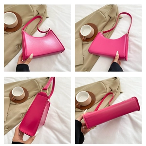 Detailed views of magenta faux leather shoulder bag with gold hardware and strap details