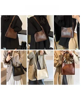 Detail view of retro PU leather shoulder bags in dark brown, black, and beige colors