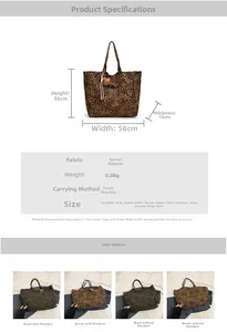 Detailed size chart for large leopard print canvas tote bag with bear charm