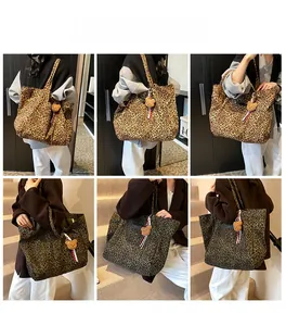 Detail shots showing large leopard print tote bags in brown and green with teddy bear charms