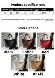 Detailed size chart and five color options for large PU leather crocodile tote bag
