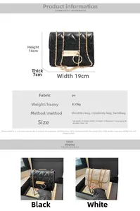 Quilted crossbody bag dimensions 19x14x7cm with gold chain strap and size chart detail
