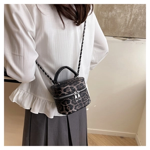 Close-up of leopard print cylinder bag with dual zippers and metal chain strap