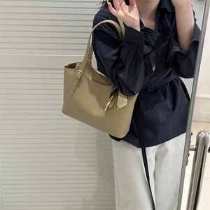 Khaki large capacity tote bag with decorative silk scarf for professional office wear