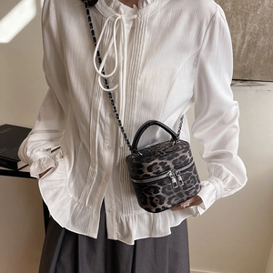 Fashionable leopard print bucket bag with chain strap and dual zipper closure