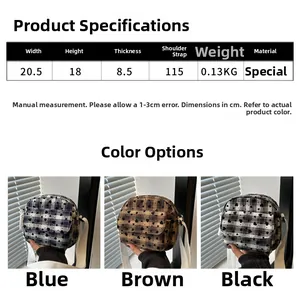 Size chart showing blue, brown, and black plaid crossbody bags with heart patterns