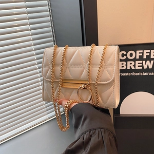 Women Quilted Rhombus Crossbody Bag PU Leather Golden Chain Shoulder Handbag Fashion Square Purse With Ring Lock