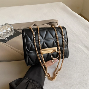 Chic black quilted crossbody bag with gold chain strap and ring clasp for women