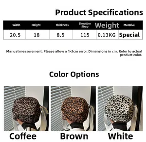 Detailed size chart and multi-color leopard print crossbody bag options with dimensions
