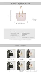 Tableau des tailles détaillé et options multicolores pour le sac fourre-tout en cuir PU