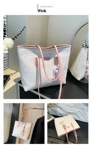 Détail du sac fourre-tout blanc avec gaufrage cœur et un joli charme en peluche rose