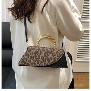 Fashionable leopard print trapezoid handbag styled as a crossbody on a female model