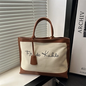 Large Capacity Tote Bag Canvas And PU Leather Patchwork Artistic Design Handbag For Women Daily Commute Retro Style