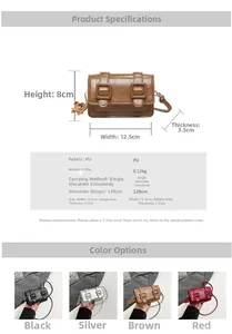 Detailed size chart and specifications for the mini laser chain crossbody square bag