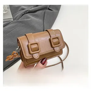 Macro shot of brown pleated texture handbag with two square buckles and chain strap
