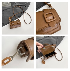 Detailed views of a brown crossbody bag showing resin chain and pleated leather texture